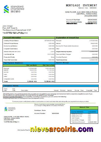 Hong Kong Standard Chartered Bank bank mortgage statement